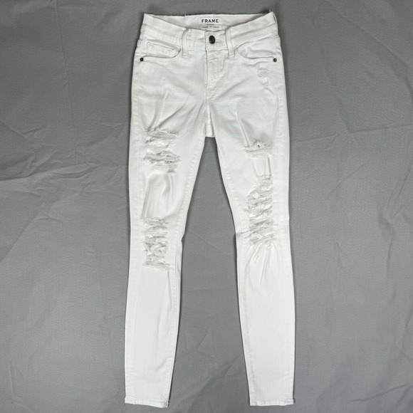 Frame Le Skinny De Jeanne Heavy Distressed Jeans Size 24 Slim Ripped Blanc White - Picture 4 of 16